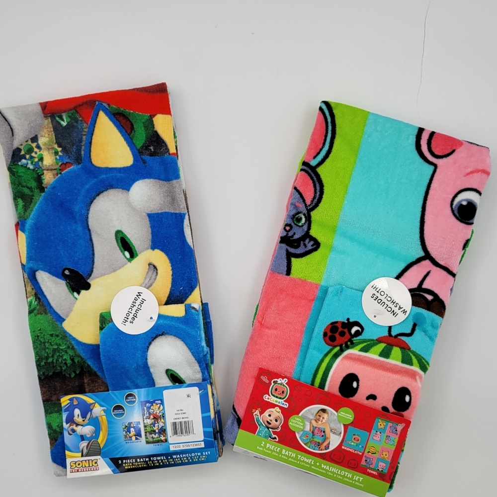 Sonic the hedgehog / Cocomelon Kids Cotton 2 Piece Bath Towel and Washcloth Set.